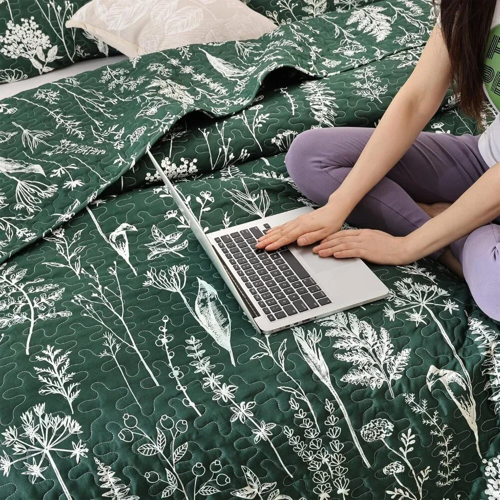 New Quilts Queen Size Emerald Green Floral Queen Quilt Bedding Set Microfiber